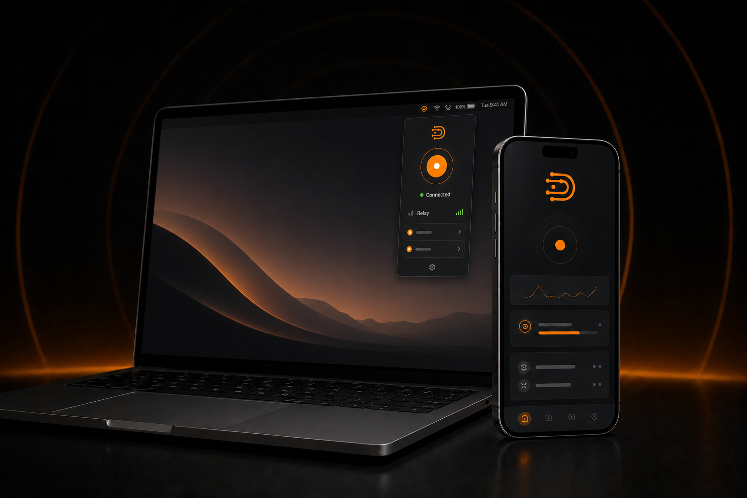 Graphite Mac with a compact Don’t Stay connection panel and an iPhone running the full mobile app